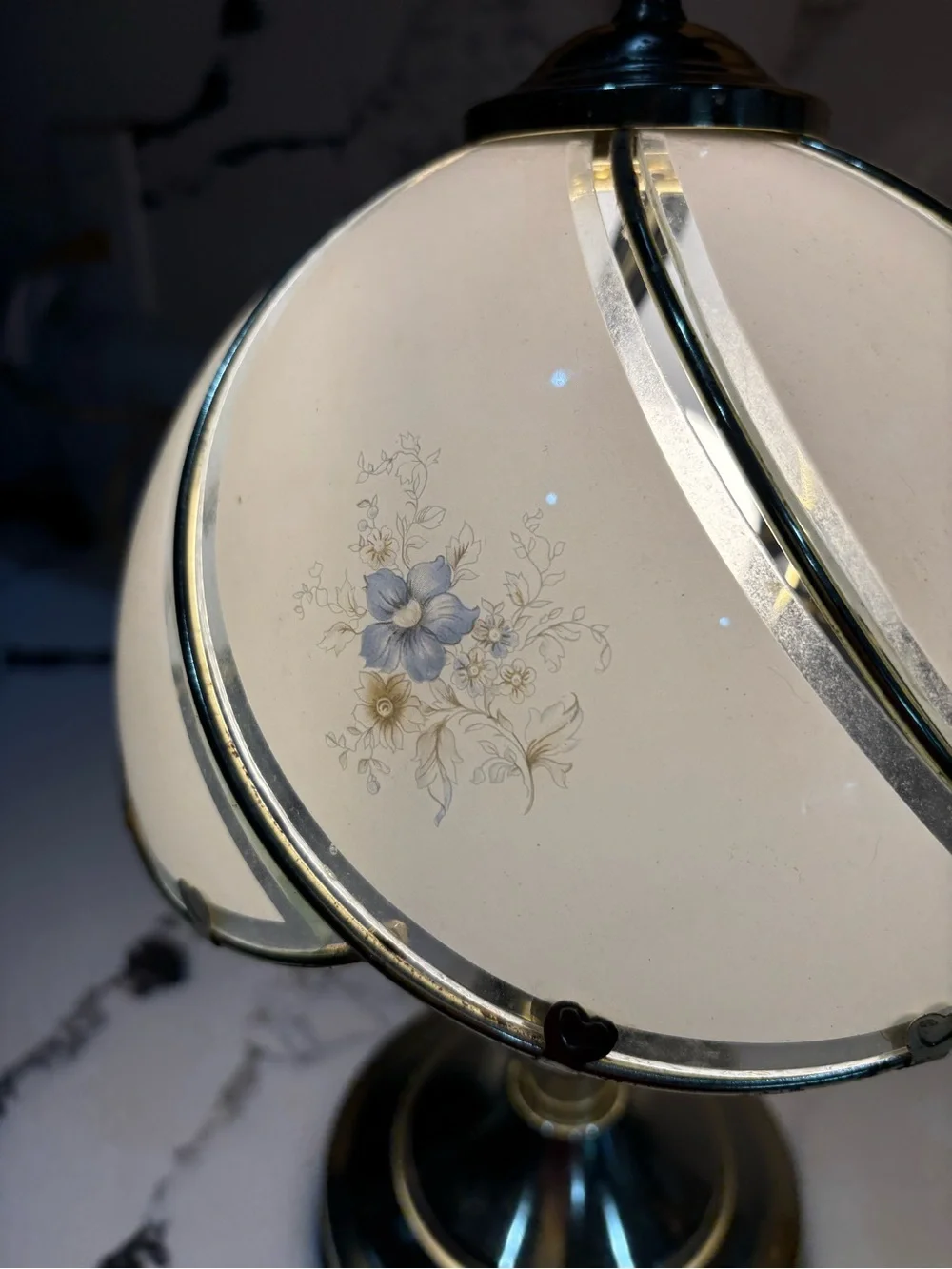 Vintage Brass Table Lamp with Cream Floral Glass Shade. Touch sensor